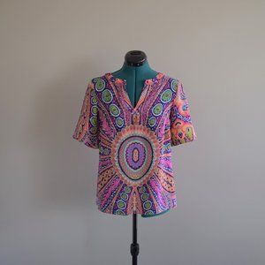 100% Silk Brightly Coloured Patterned Short Sleeve Summer Blouse